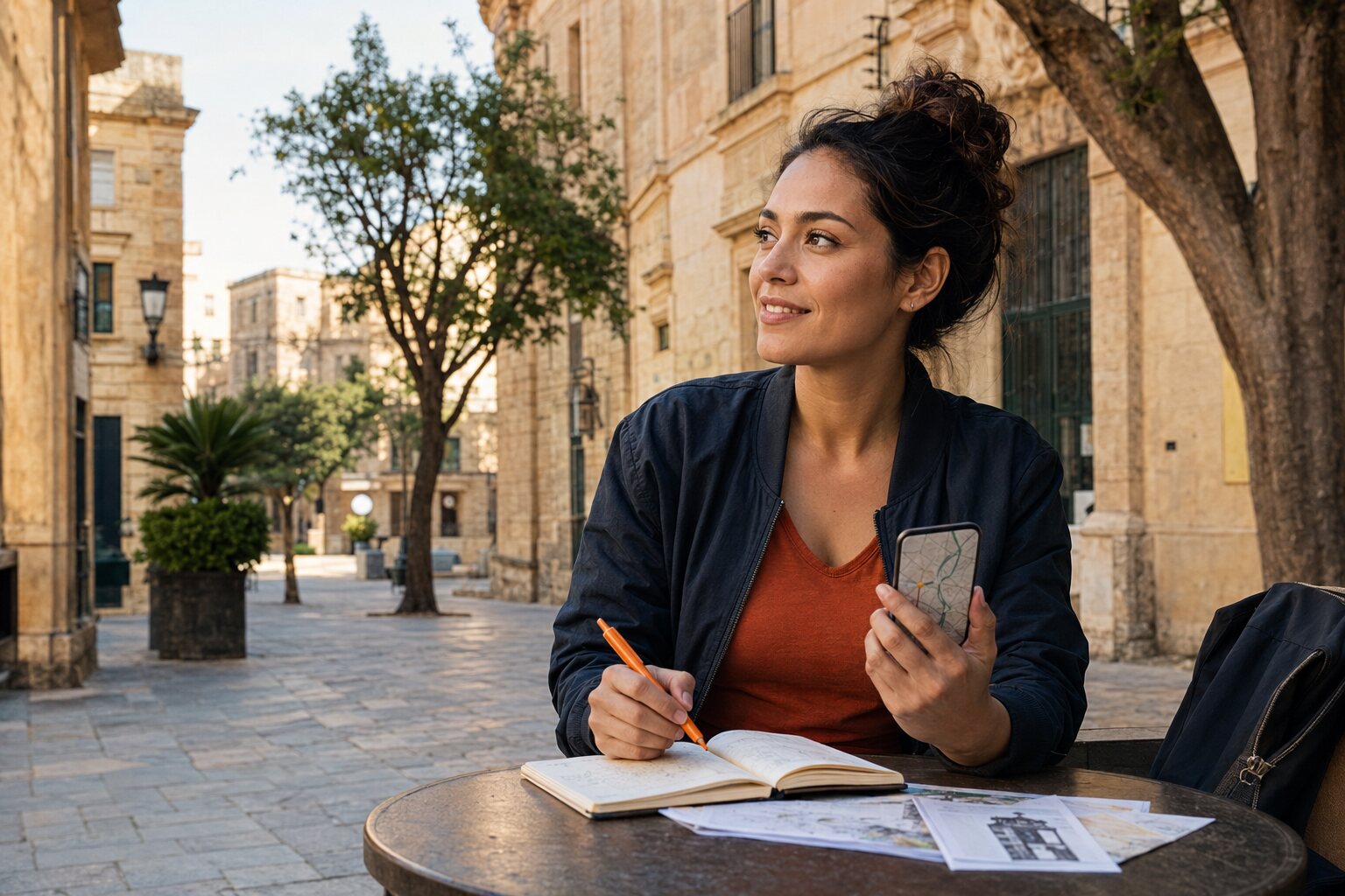 Adventure creator planning a city route with a phone and field notebook